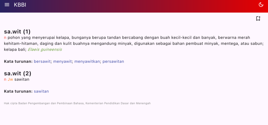 Definisi sawit yang baru menurut KBBI